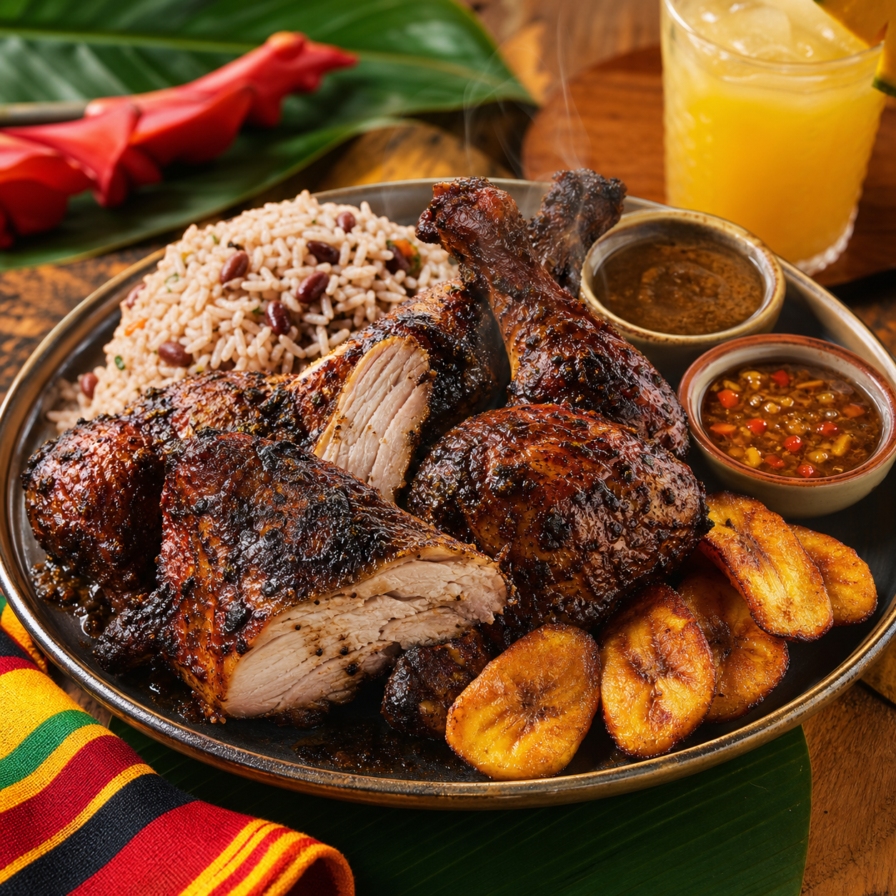 Close-up plate of jerk chicken, rice and peas, fried plantains, sauces, and tropical drink